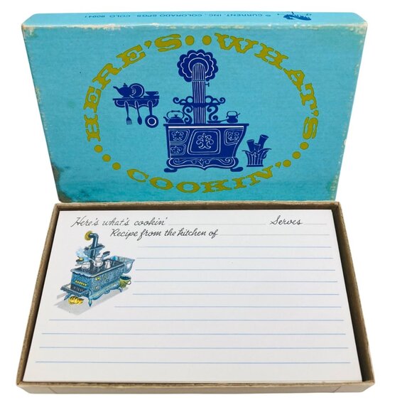 Vintage Recipe Cards In Blue Box With Retro Stove Design Here's What's Cookin' - Picture 1 of 3